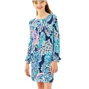 Girls Lilly Pulitzer Boat Neck Long Sleeve Blue Floral Dress - Sz XL/12-14